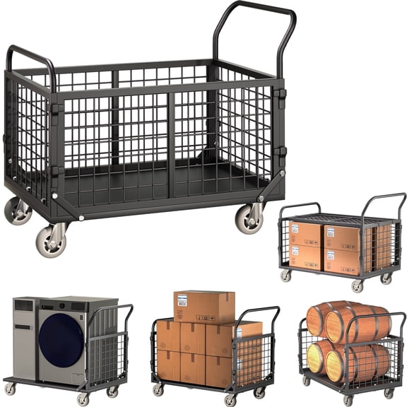 Platform Truck With Cage, 5-in-1 Foldable Heavy Duty Push Cart Dolly Load 2200LB, Large Flatbed Hand Truck for Grocery/Laundry/Stall/Storage