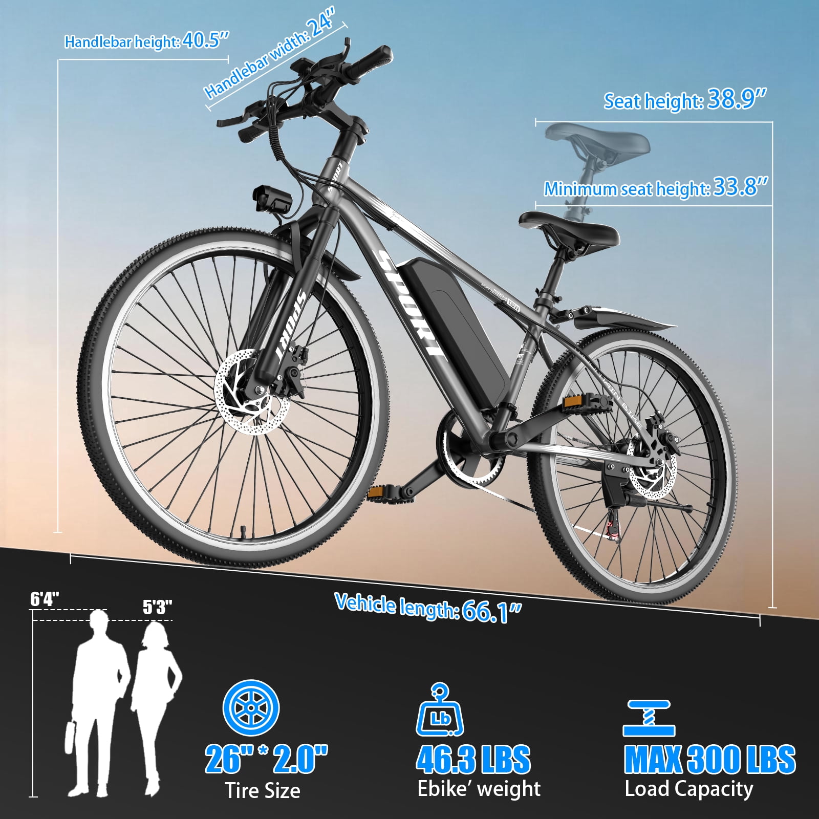 PIKA adult electric bicycle, 26-inch electric mountain bike, 1200W peak power motor, top speed up to 25 mph, equipped with a 48V 10AH removable battery, range of 45 miles, UL 2849 certified.