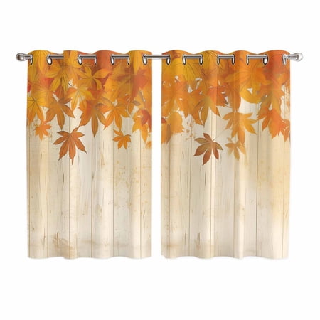 Orange Botanical Fall Kitchen Curtains 63 Inch Length, Thanksgiving Maple Leaf Vintage Grommet Top Bedroom Living Room Curtains, Light Filtering Cafe Curtain Drapes 2 Panels Set 104''x63''
