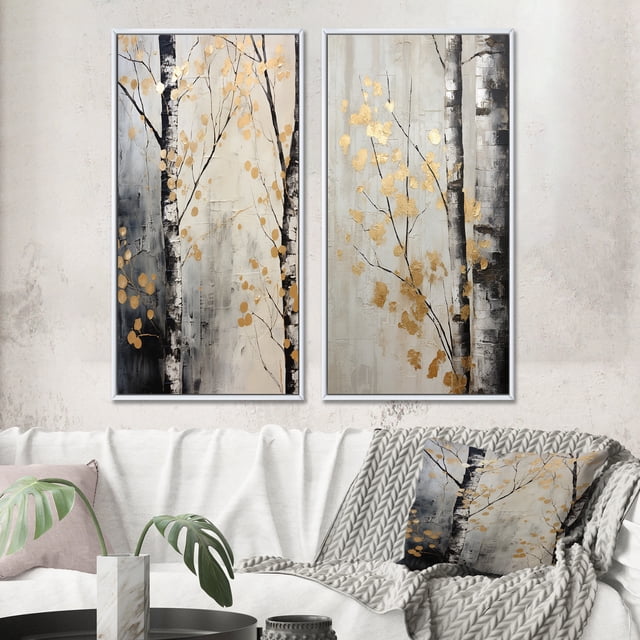 Designart "Monochrome Tree Of Gray And Gold" Tree Monochrome Framed Wall Art Set Of 2 - Gold Floral Framed Wall Art Set Of 2
