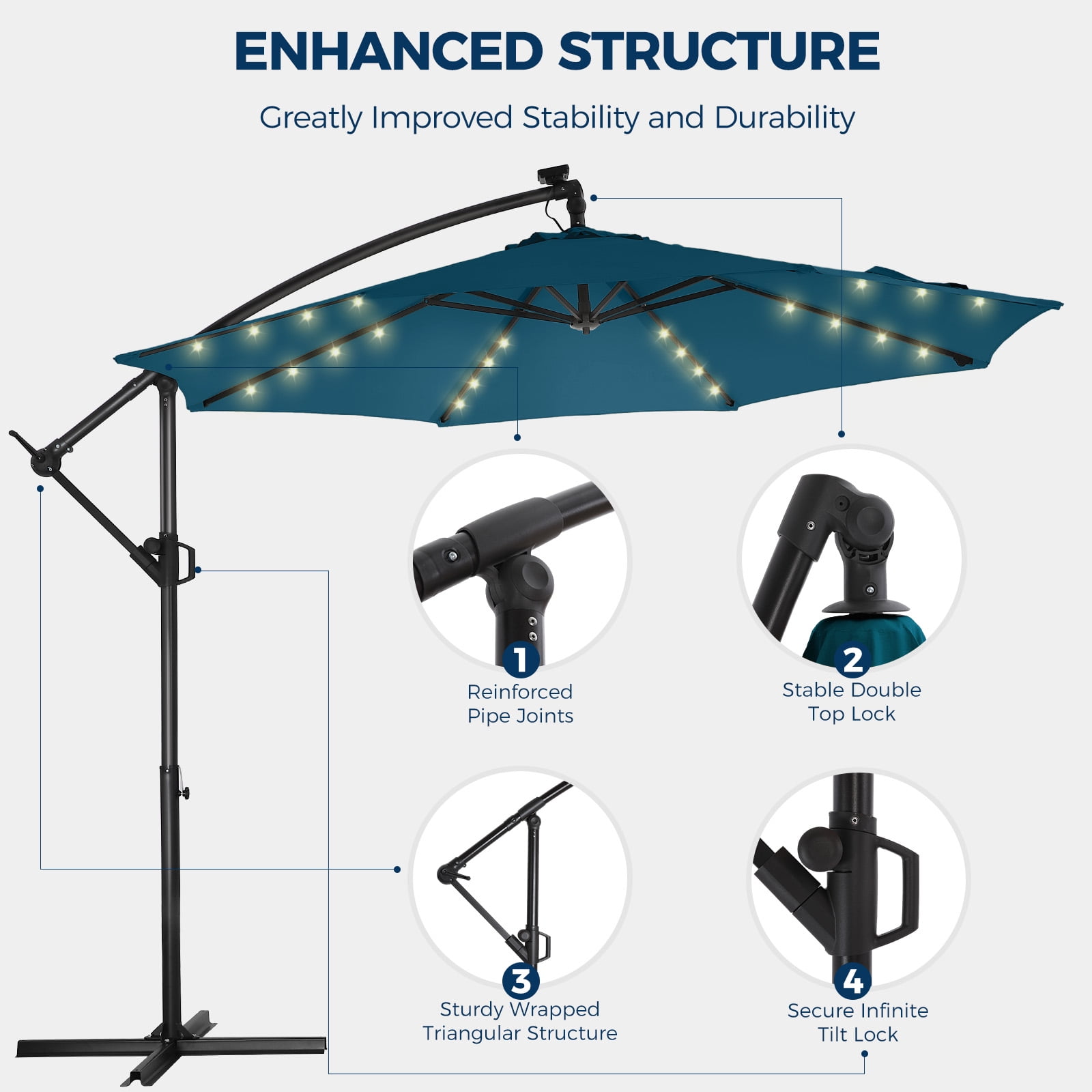 Patbrela 10ft Offset Patio Umbrellas (Includes Base) Outdoor Cantilever Hanging Umbrella with Infinite Tilt, for Yard, Garden, Beach, Pool & Deck, Blue