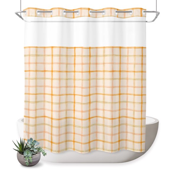 No Hook Shower Curtain, Orange Plaid Shower Curtains for Bathroom with See Through Top Window, Fall Gingham Grids Striped Modern Country Waterproof & Washable Bath Curtain 66"x72"