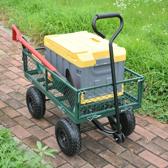 Spaco Steel Garden Cart with Removable Mesh Sides to Convert into Flatbed, Utility Metal Wagon, Perfect for Garden, Farm, Yard, Green