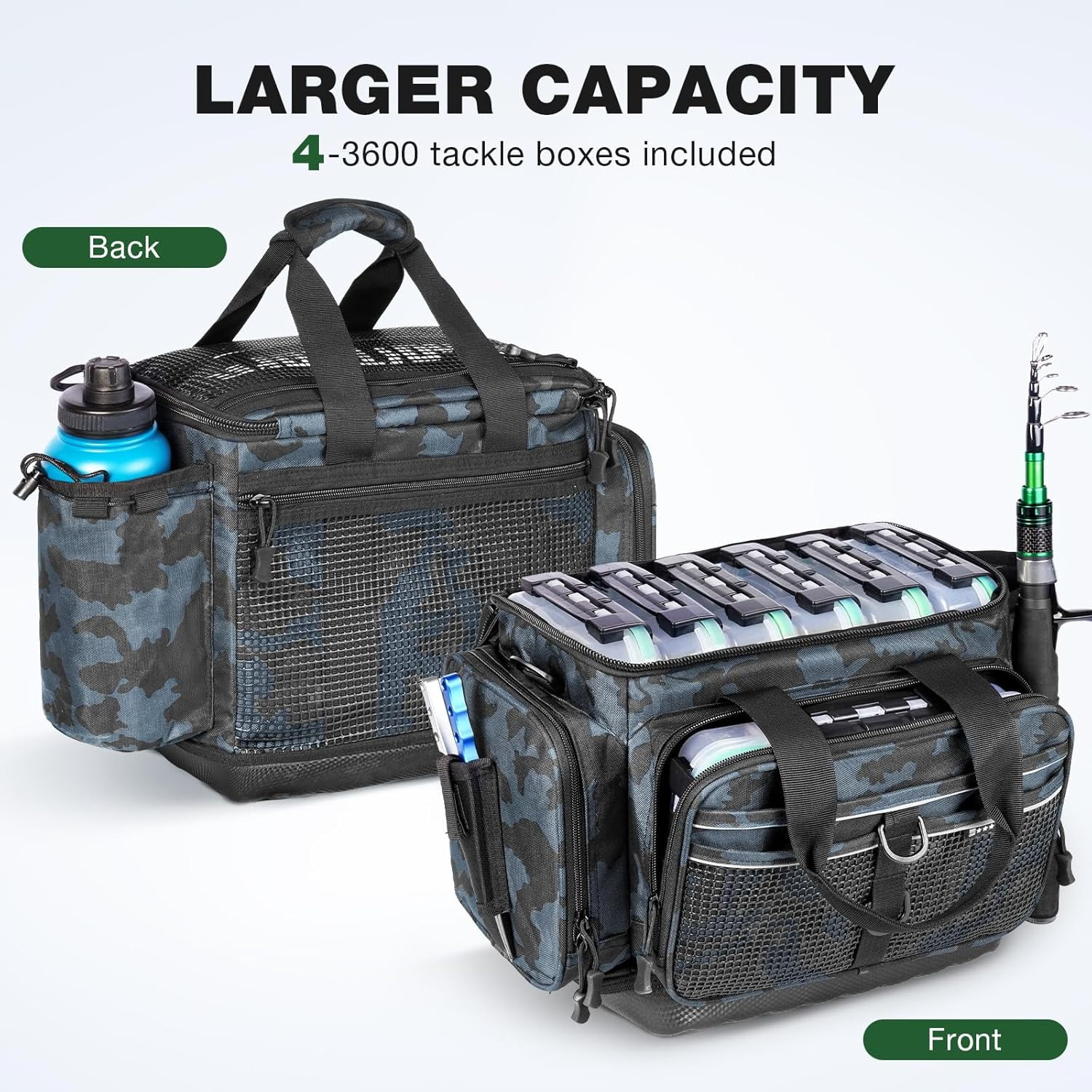 Fishing Tackle Box Organizer with 4 Waterproof Trays and Rod Holder for Lures