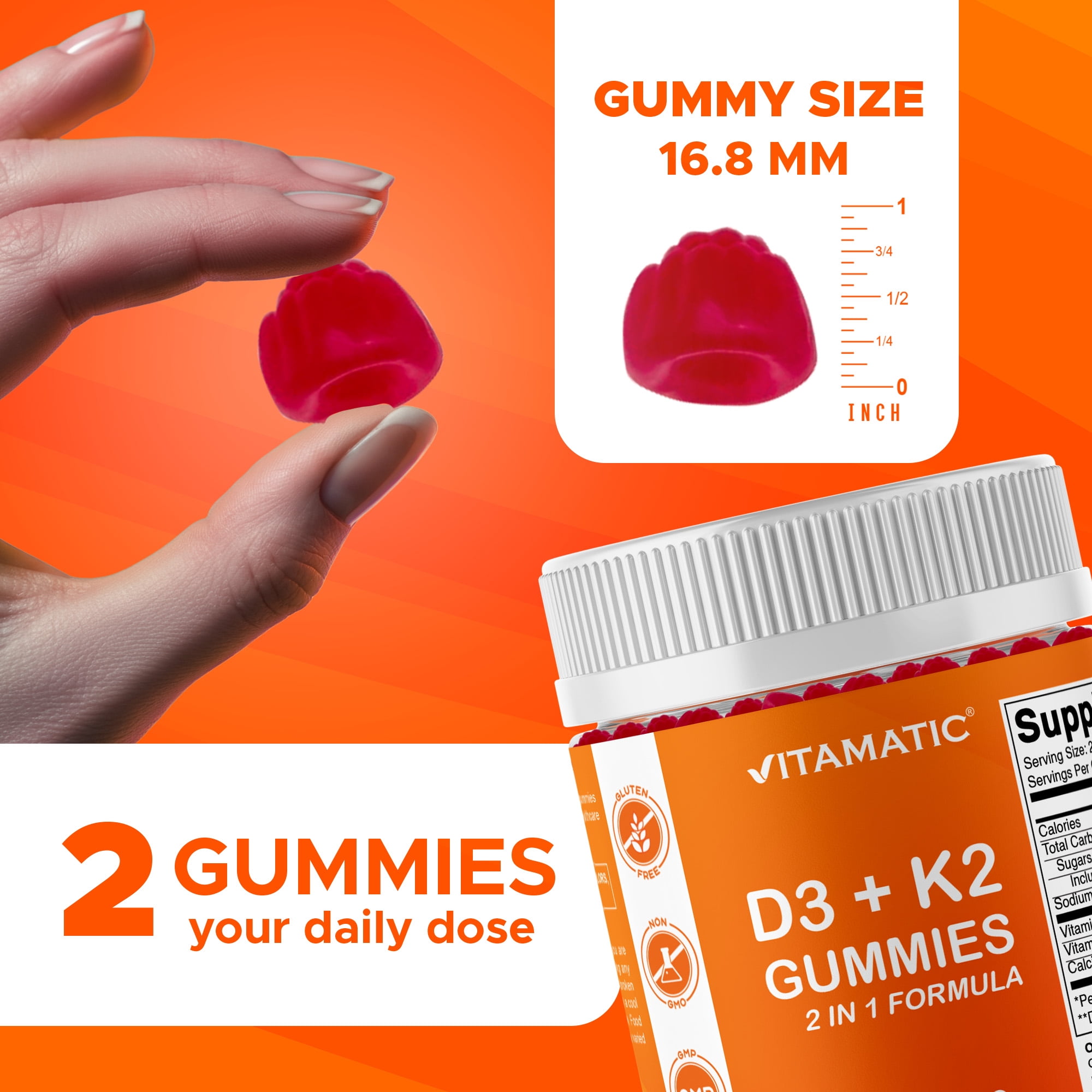 (2 pack) Vitamatic Vitamin D3 K2 with Calcium Gummies - 240 Count - Non-GMO, Gluten Free