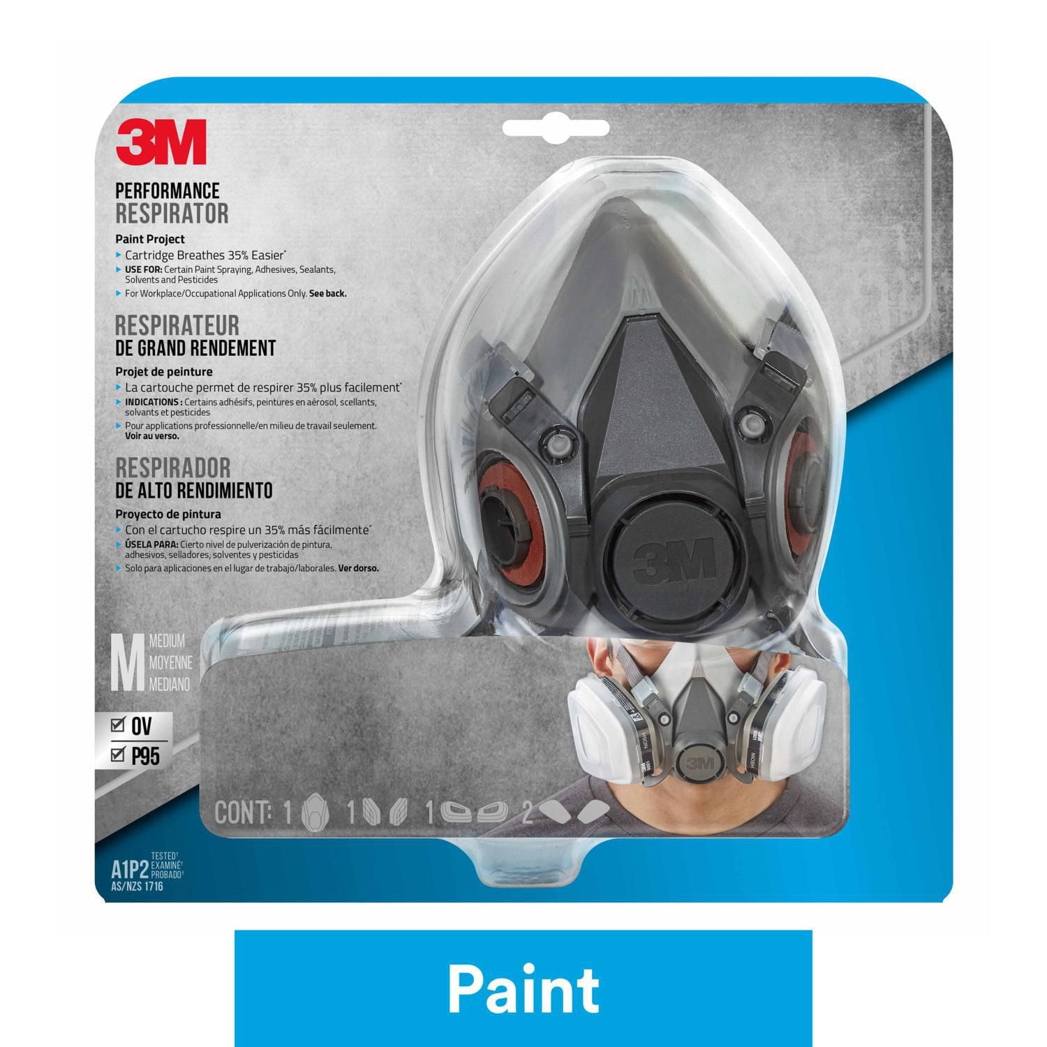 Appareil de protection respiratoire de grand rendement 6211P1-DC 3M(MC), projet peinture, Vapeurs organiques et filtre P95, Moyen