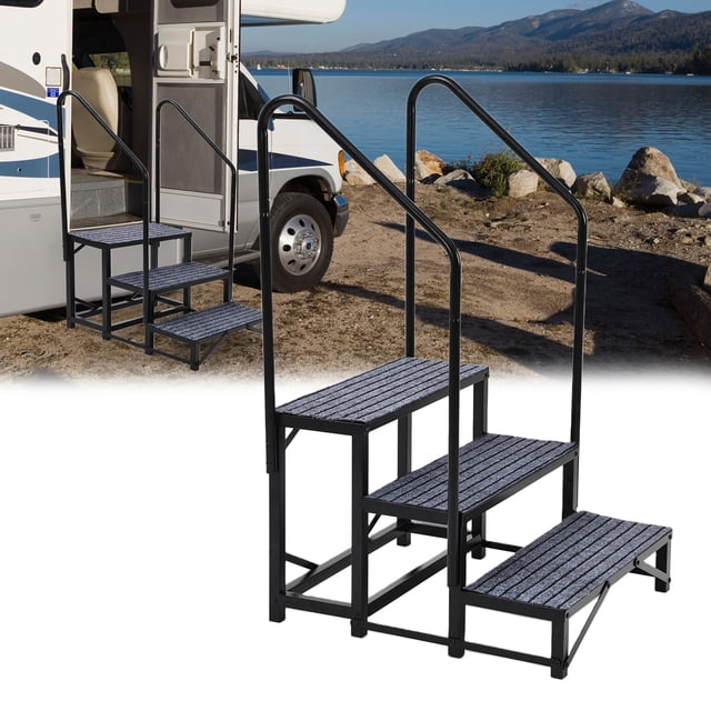 GloryStar RV Portable Step Ladder with Handrails, Non-Slip Mats for Hot Tubs, Porches, and Camper Entry