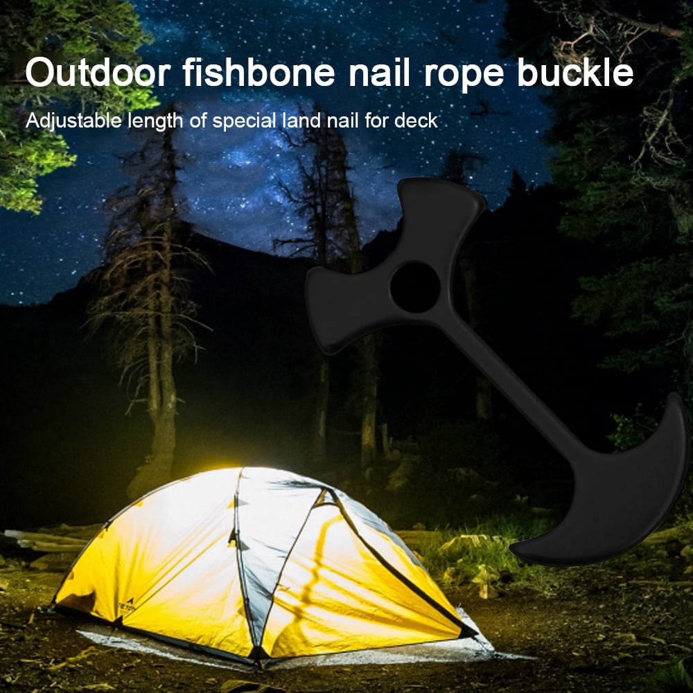 10PCS Deck Anchor Pegs, Windproof Aluminum Alloy Fishbone Tent Stakes Spring Buckle, Portable Nail-black