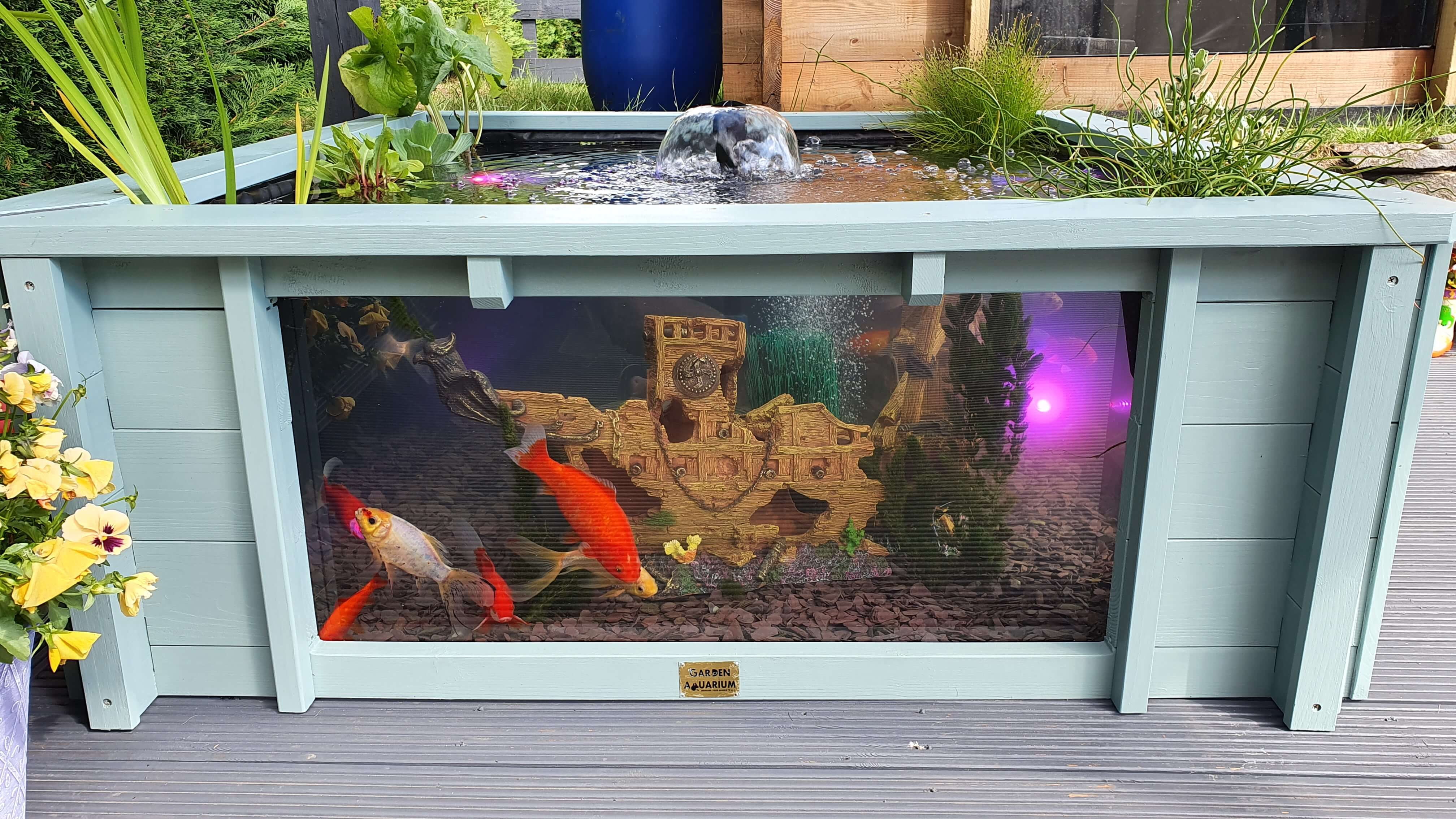 Raised Square Wood Pond with Large Windows Lotus Clear View Garden Aquarium in Green - 172 Gallons