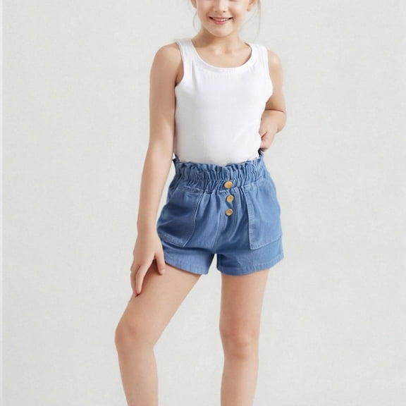 NAISIBABY Girls Denim Shorts Size 6, Soft Comfy Summer Fashion Ruffles Elastic Waist Kids Casual Shorts Blue