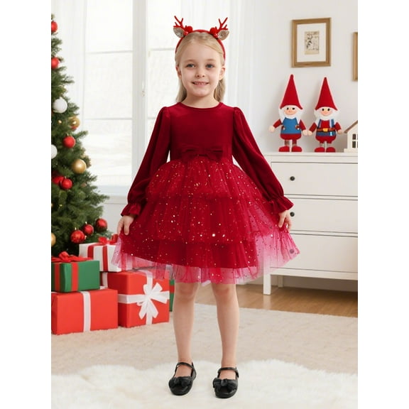 Hotiary 2-9Y Toddler Girls Casual Velvet Twirl Tutu Dresses Princess Girl Winter Fall Sequins Party Dress For Everyday, Halloween, Christmas, School, Party