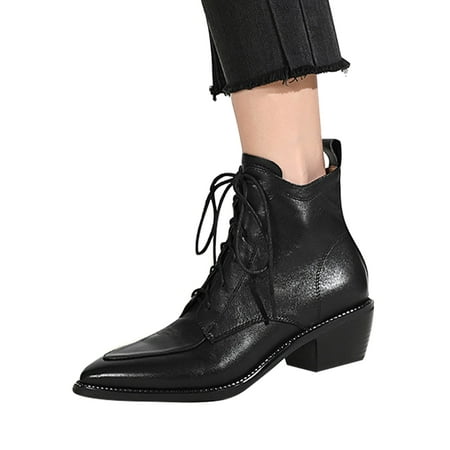 

Lacyhop Womens Stacked Heel Booties Lace Up Leather Boot Chunky Heeled Ankle Boots Work Comfort Bootie Casual Pointed Toe Oxford Shoes Black 6.5