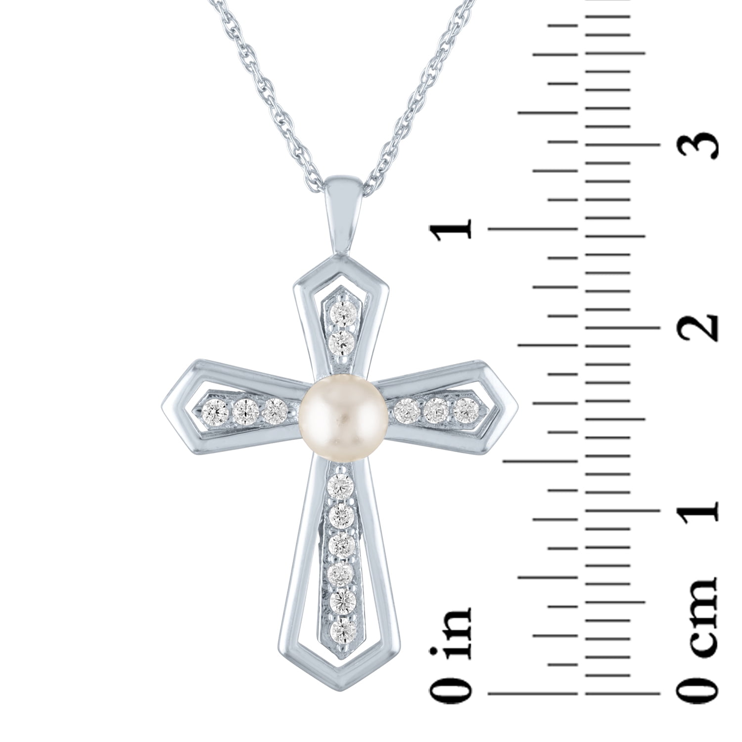 Brilliance Simulated Pearl and CZ Sterling Silver Cross Pendant, 18"