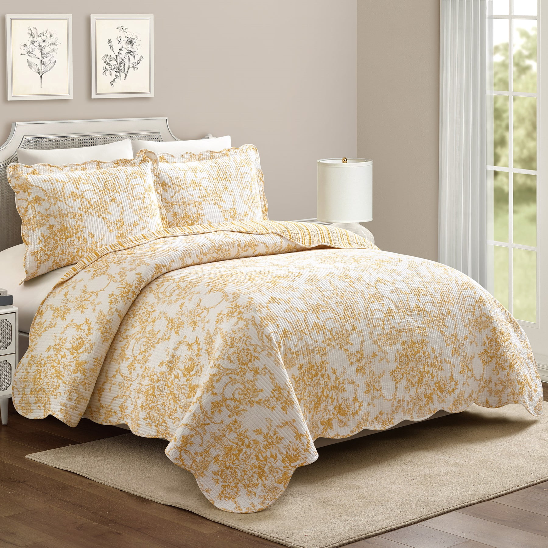 Modern Heirloom Garden Toile Yellow 3-Piece Reversible Quilt Set, King