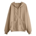 thumbnail image 3 of Womens Loose Oversized Zip Front Hooded Jacket Solid Color Soft Fleece Long Sleeve Casual Hoodie Tops Camel XL, 3 of 4