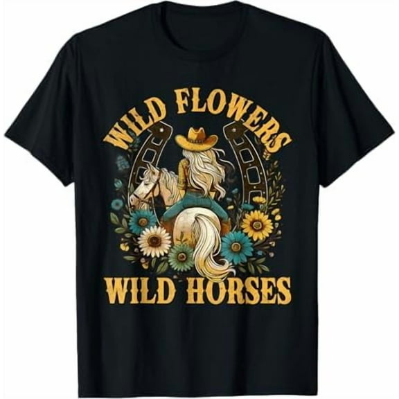 Retro Vintage Southern Sunset Cowgirl Riding Horse Wild Flowers Wild Horses T-Shirt Funny Women Girls Graphic Tees