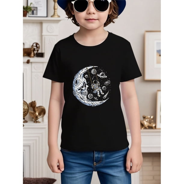 Camiseta infantil con estampado de astronauta lunar: algodón suave y transpirable, manga corta, para niños y niñas | Ajuste cómodo e informal con estampado vibrante | Perfecta para primavera, verano