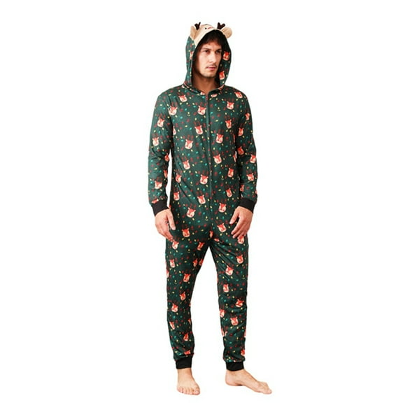 Family Matching Christmas Jumpsuit, Cute Vacation Reindeer Print One Piece Pajamas, Hooded Holiday Sleepwear Nightwear