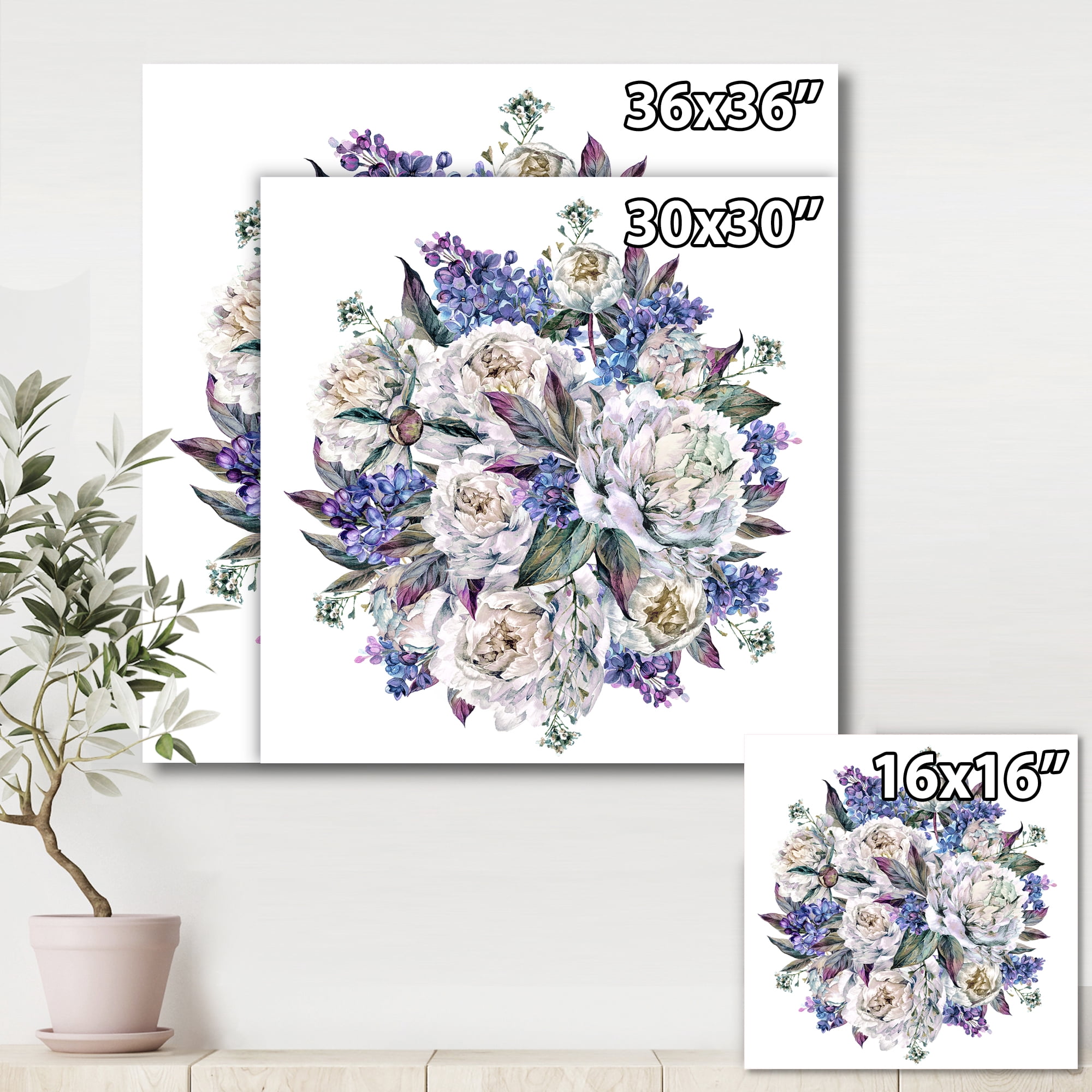 Bouquet Peonies In Blue and White 36 in x 36 in Painting Canvas Art Print, by Designart