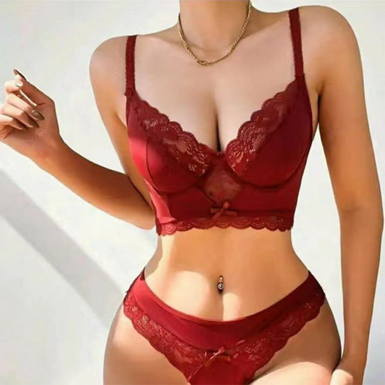 ALSLIAO Women Lace Sexy Lingerie Nightwear Underwear G-String Bodydoll  Sleepwear Bra Set Wine Red S