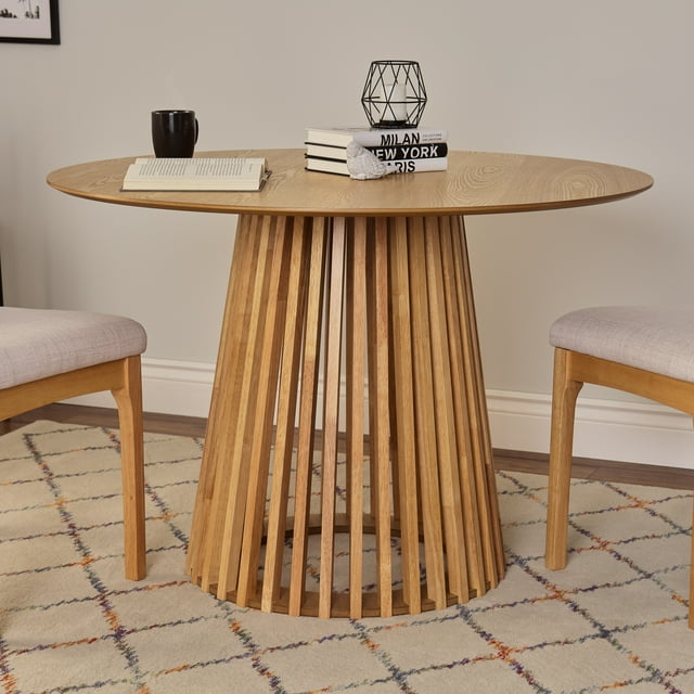 CorLiving Elowen Round Engineered Wood Slatted Pedestal Base Dining Table for Up To 4 People, Light Brown