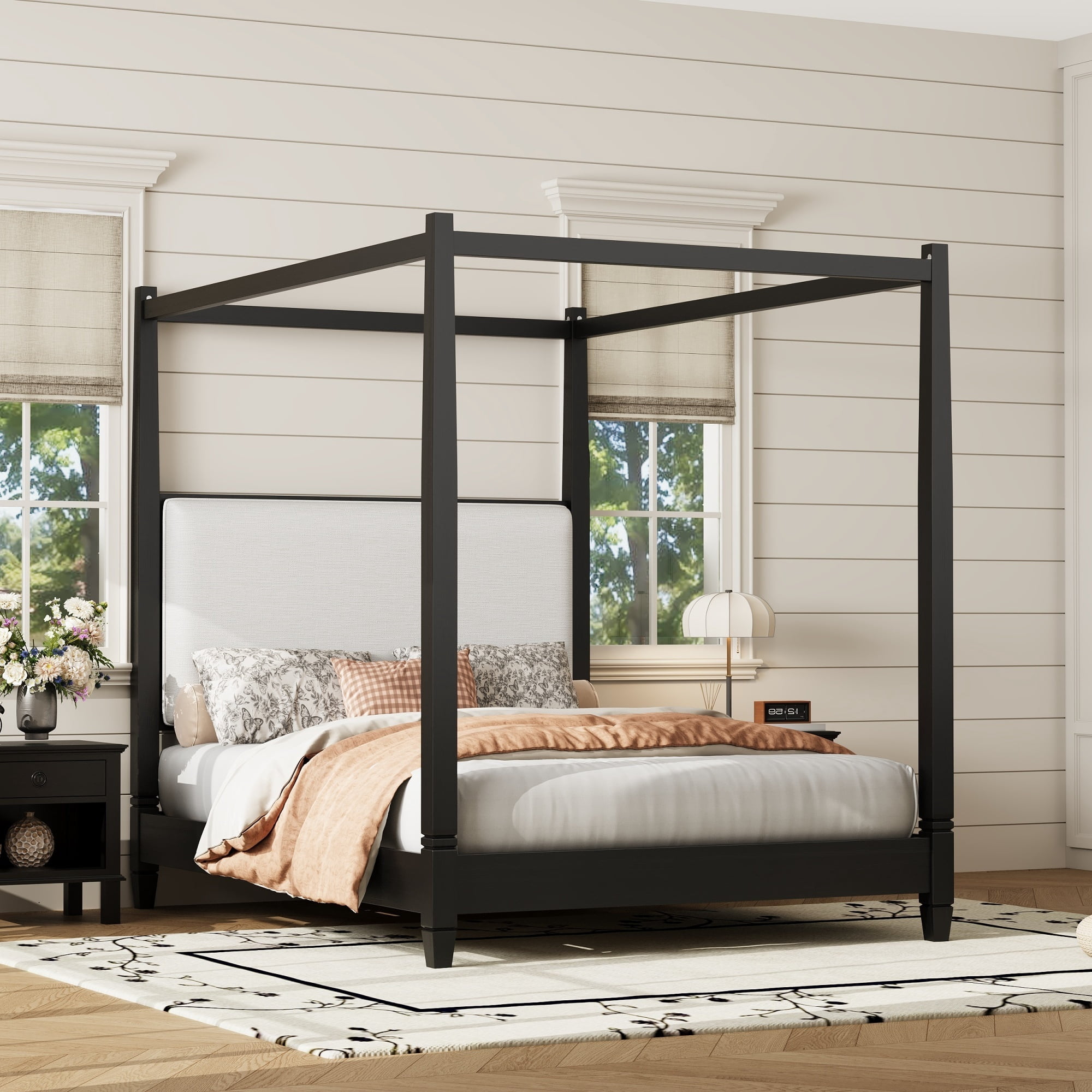 Euroco Wood Queen Size Canopy Platform Bed with Upholstery Headboard, Black