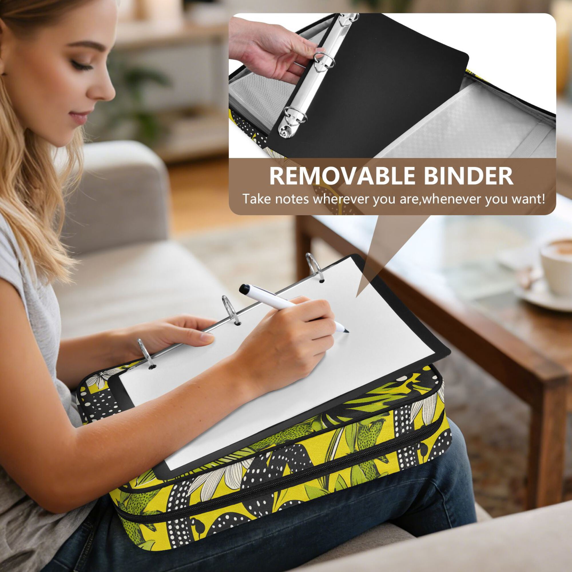 FORMRS Accordion File Folder A4 Size 7-Pocket Expanding Document Organizer Bag with 3 Ring Binder, Yellow Flowers