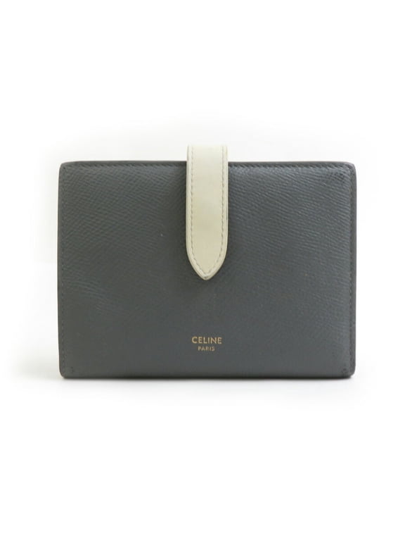 Pre-Owned CELINE Bi-fold Wallet Medium Strap Leather Gray x Ivory Women's h31246a (Good)