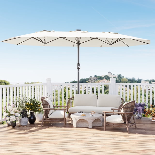 15FT Rectangular Patio Umbrella with Base & 48 Solar LED Lights – UV Resistant, Waterproof, Easy Crank, Large Shade for Garden, Pool, Deck, Backyard – Ivory