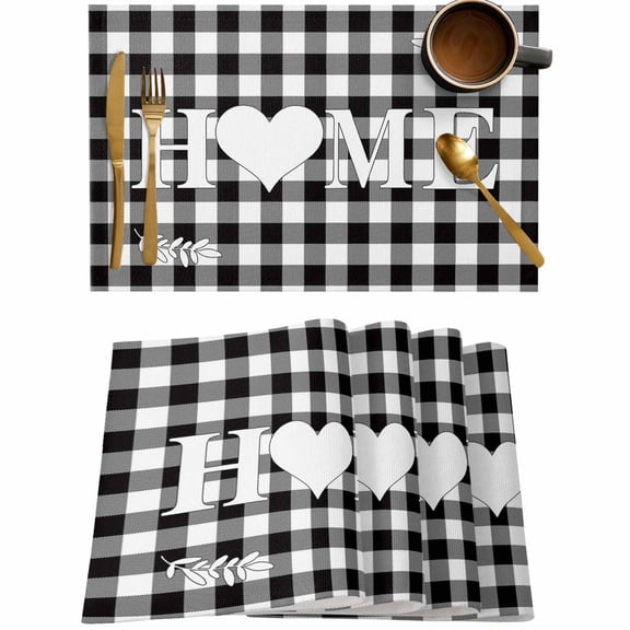 Farm Love Home Black White Buffalo Plaid Placemats Set of 4,Wipeable Washable Table Mats for Dining Tables,Vintage Country Leaf Plant Place Mats for Kitchen Event Party Tabletop Decor