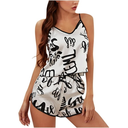 

Womens Summer Silk Satin Pajamas Sets Sexy 2 Piece Lace Spaghetti Strap Cami Tops and Shorts Lingerie Set Sleepwear