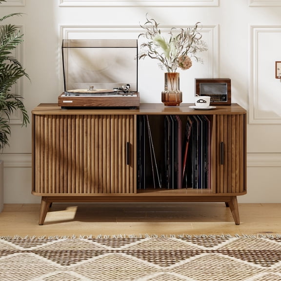 Record Player Stand, Turntable Stand with Sliding Doors, Vinyl Storage Cabinet for Living Room