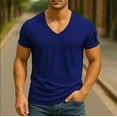 thumbnail image 2 of Men's Solid Color V-Neck T-Shirt Short Sleeve Casual Top Soft & Lightweight For Spring And Summer Daily Wear Basic Clothing,Blue,XXL, 2 of 4
