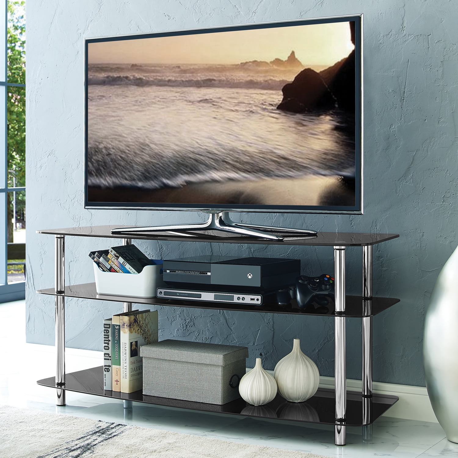Home Source Dwayne Jet Black Glass Tv Stand With Shelf Spaces Home Source Dwayne Jet Black Glass Tv Stand With Shelf Spaces