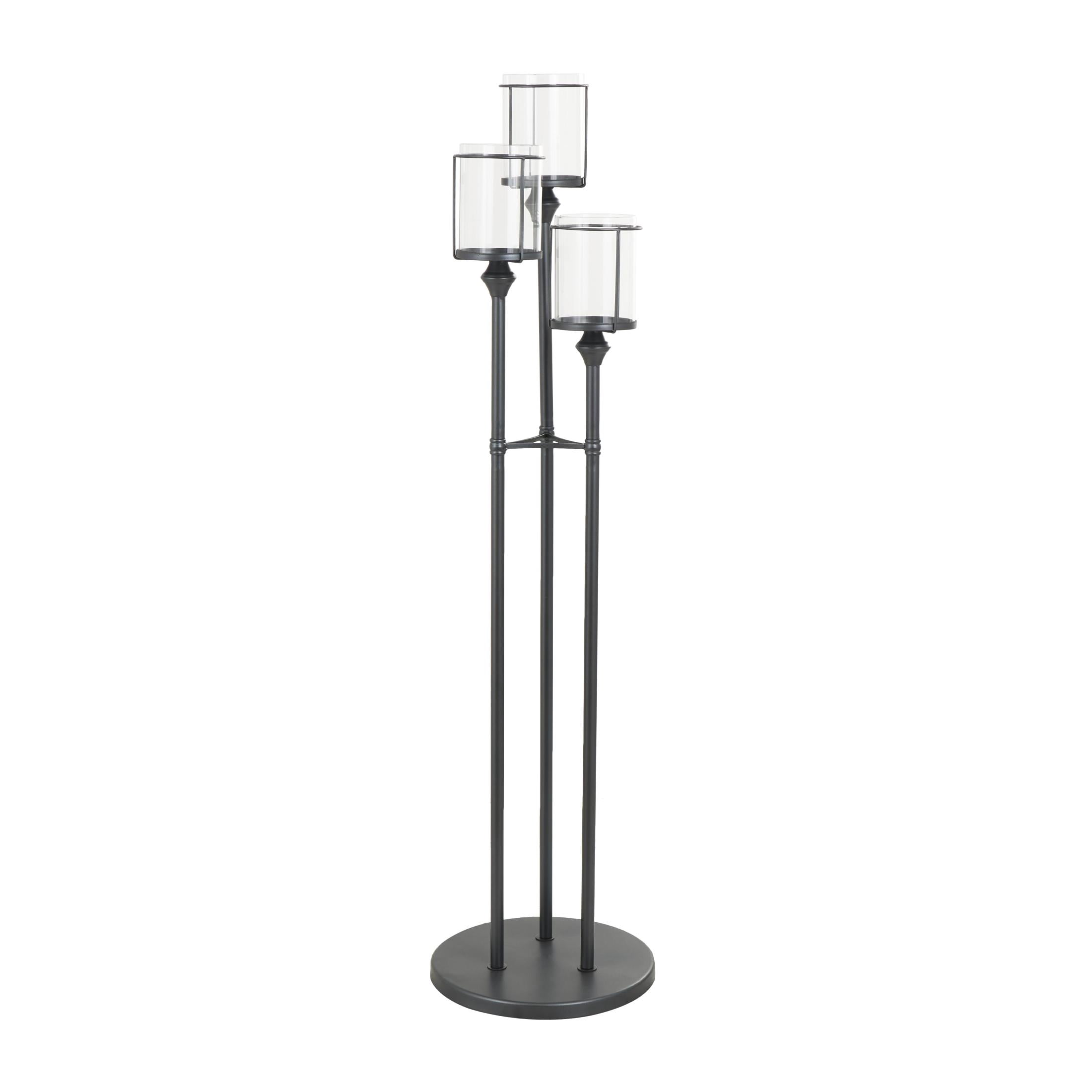 DecMode 3-Slot Black Metal Tall Floor Hurricane Lamp with 3 Posts and Round Base