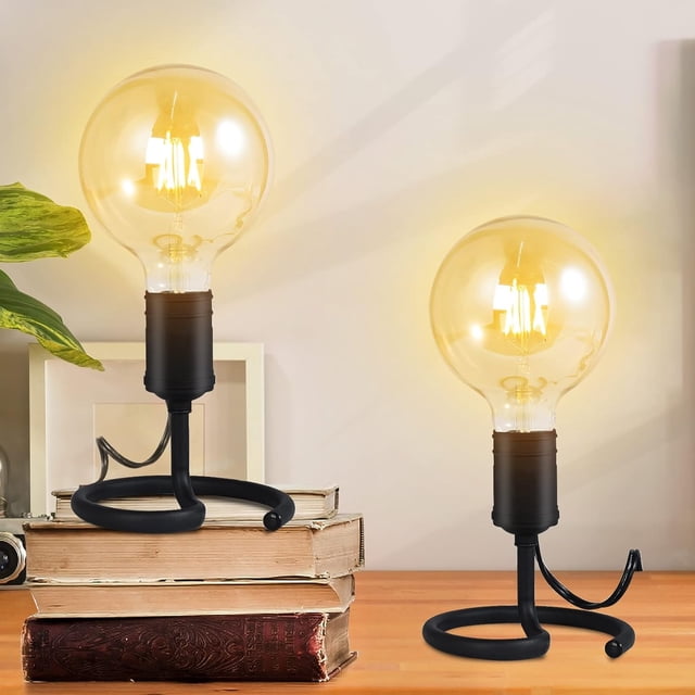 Juego de 2 lámparas de mesa pequeñas para dormitorio, base de lámpara industrial de escritorio Edison E26 con enchufe, lámpara moderna de metal negro, linda lámpara de mesa de noche para mesita de