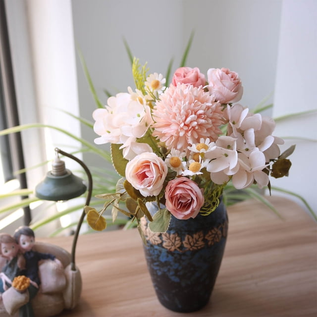 Todaioua Fake Flowers with Vase, Silk Roses Artificial Flowers in Vase, Faux Flower Plant Arrangement Suitable for Home Office Decoration, Dining Table Centerpiece(Vase Not Included)