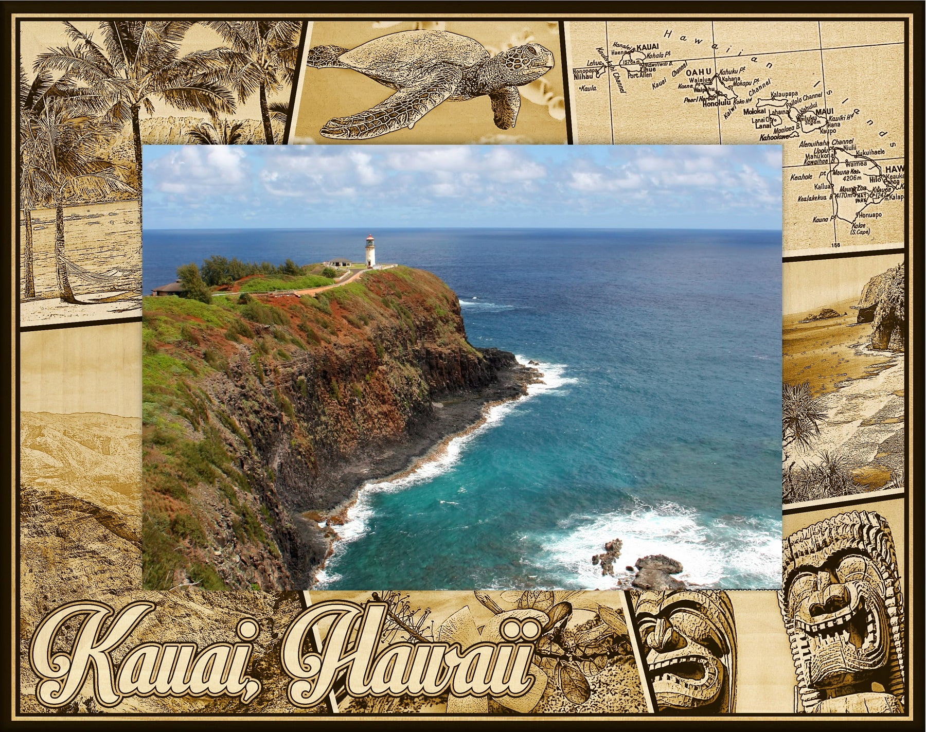 Kauai Hawaii Montage Laser Engraved Wood Picture Frame Landscape (4 x 6)