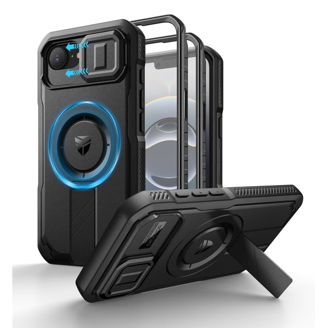 Dexnor for iPhone 16e Case with Slide Camera Cover & Adjustable Kickstand & Built-in Screen Protector,Compatible with MagSafe Shockproof Bumper Heavy-Duty Magnetic Protective Cover,Black