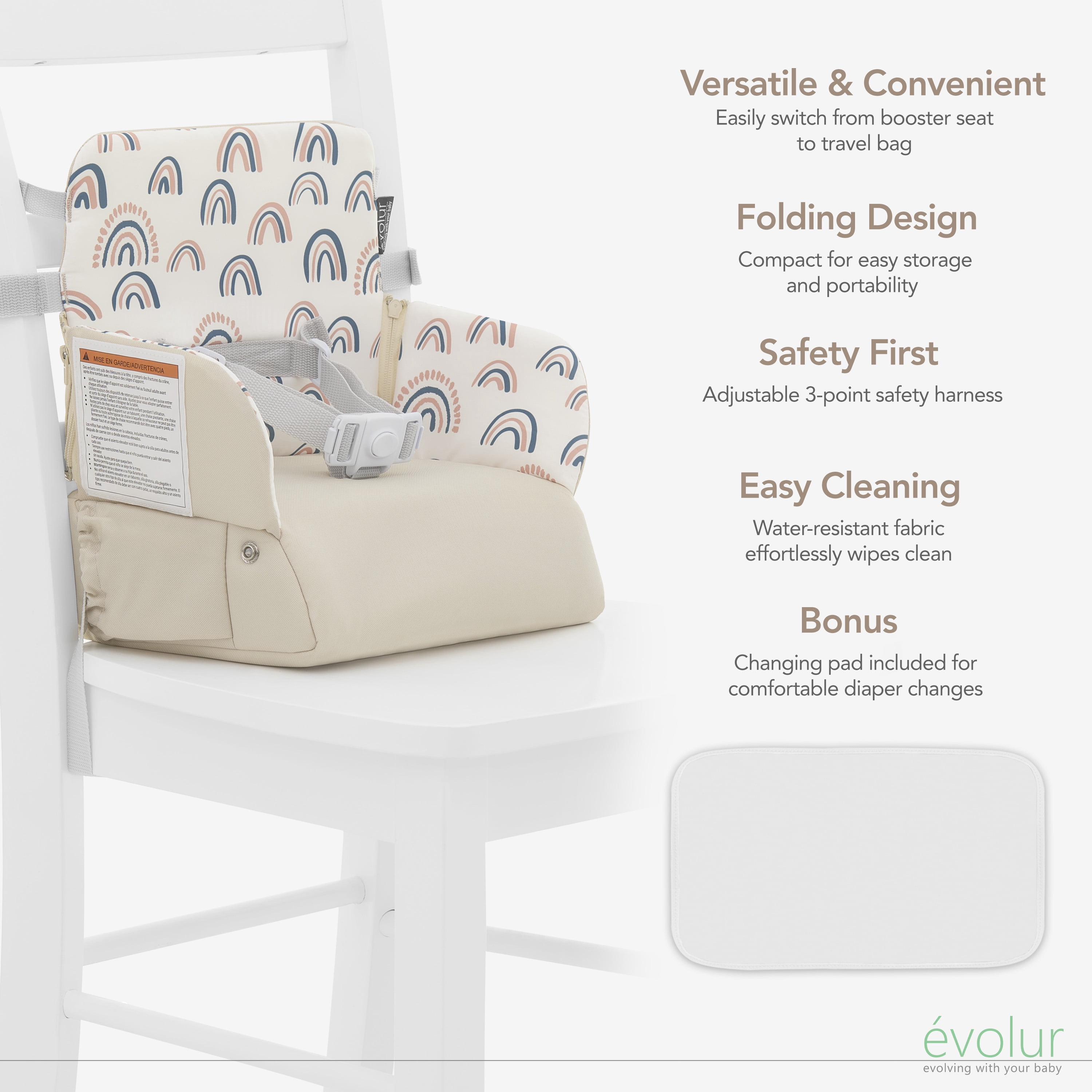 Evolur Snug Packsack 2-in-1 Portable Booster Seat and Travel Bag, Rainbow Gray