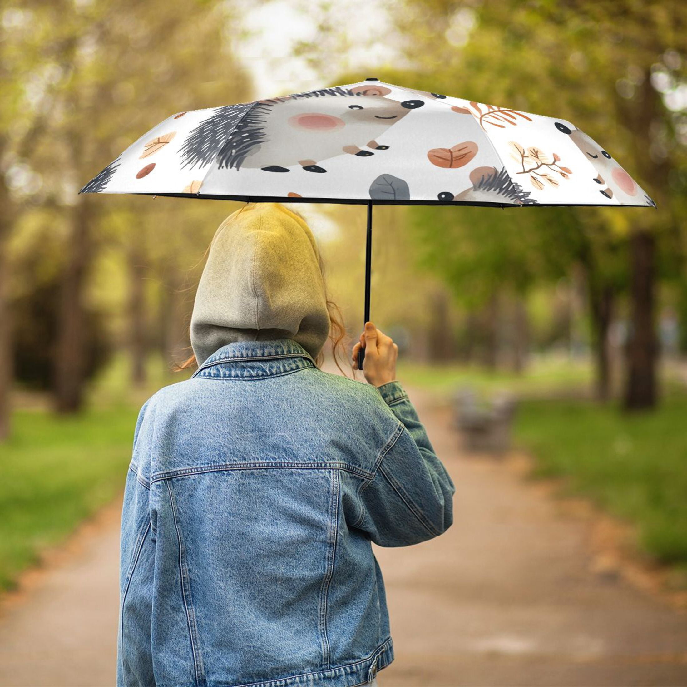 ALAZA Hedgehog Autumn Leave UPF 50+ Compact Folding Umbrella for Rain Travel Umbrella Packable