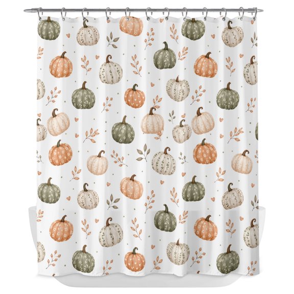 Orange Green White Pumpkin Shower Curtain - Water Repellent Fabric Shower Curtains Washable, Fall Thanksgiving Leaves Rustic Decorative Polyester Cloth Bathroom Curtains Modern Bath Decor 72"x84"