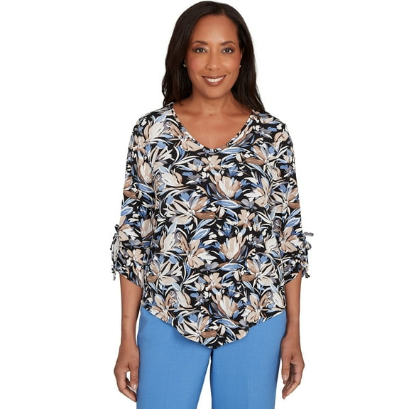 Alfred Dunner Womens Tie Sleeve Brushstroke Floral Knit Top