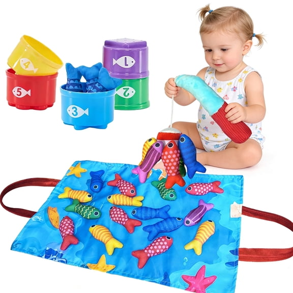 Montessori Fishing Toy Activity Mat, Soft Sensory Crawling Play Mat with Plush Fish and Fishing Rod, Early Learning Educational Toy for Babies and Toddlers