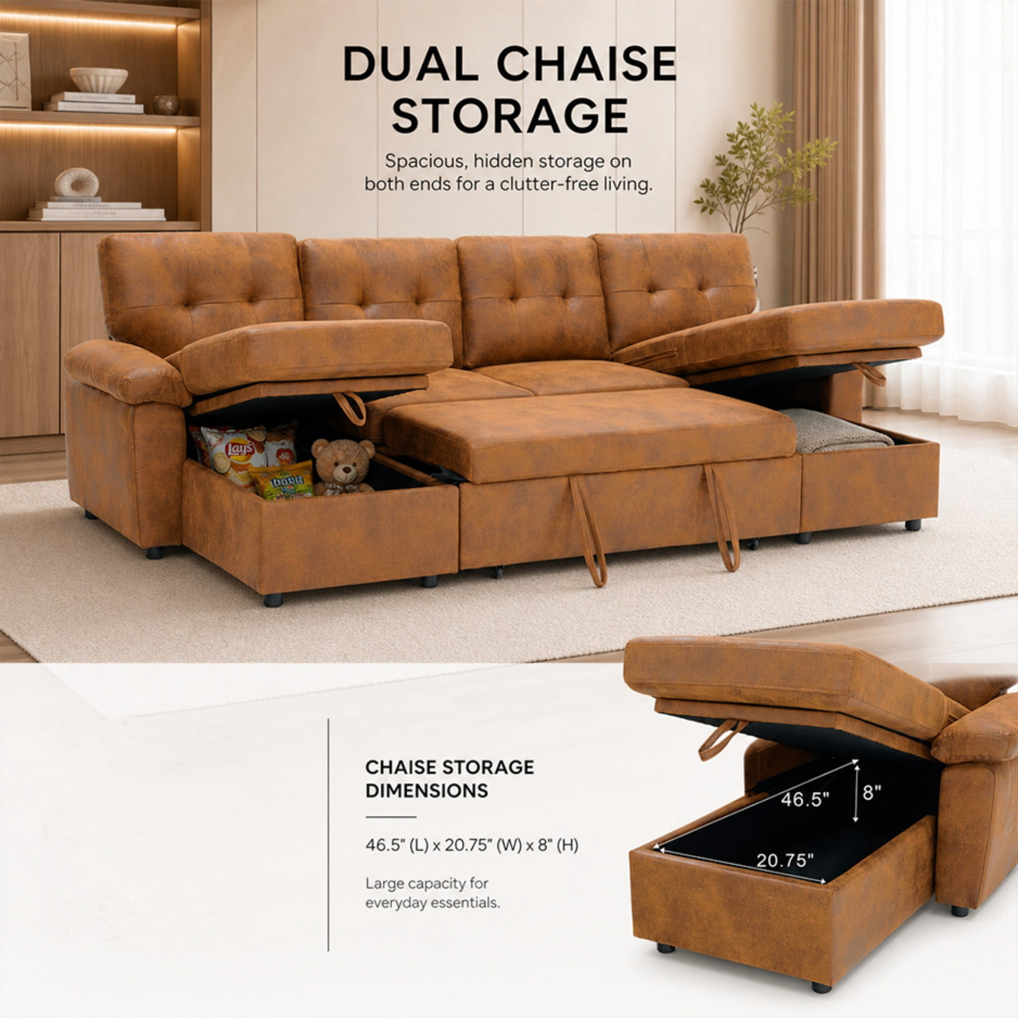 BSHTI 112" Polyester Fabric U-Shaped Sectional Sleeper Sofa Bed with Pull-Out Bed,Tufted Back Cushions and Storage Chaise for Living Room(Light Brown)