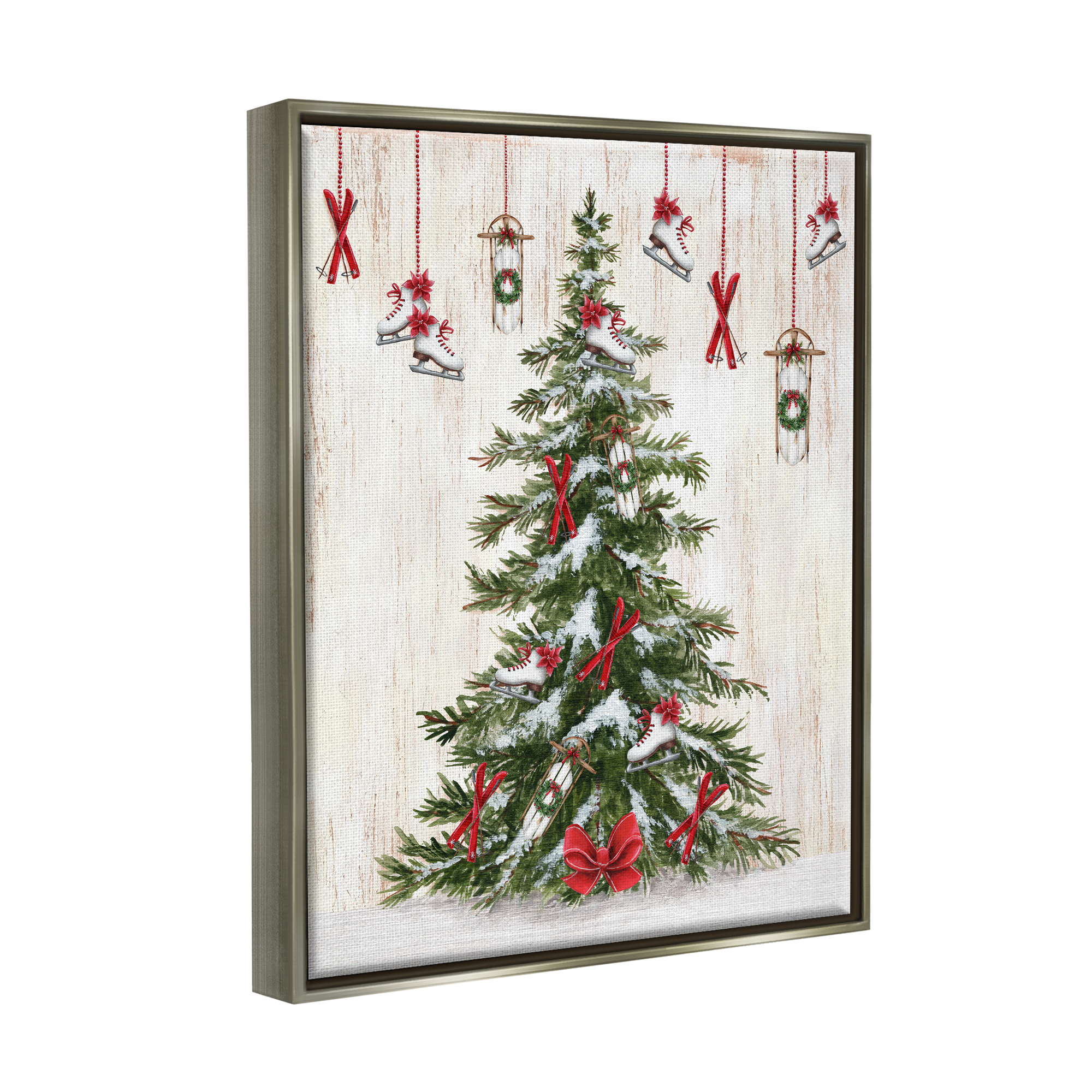 Stupell Industries Ice Skates & Sleds on Tree Holiday Painting Gray Floater Framed Canvas Art Print Wall Art, 25 x 31