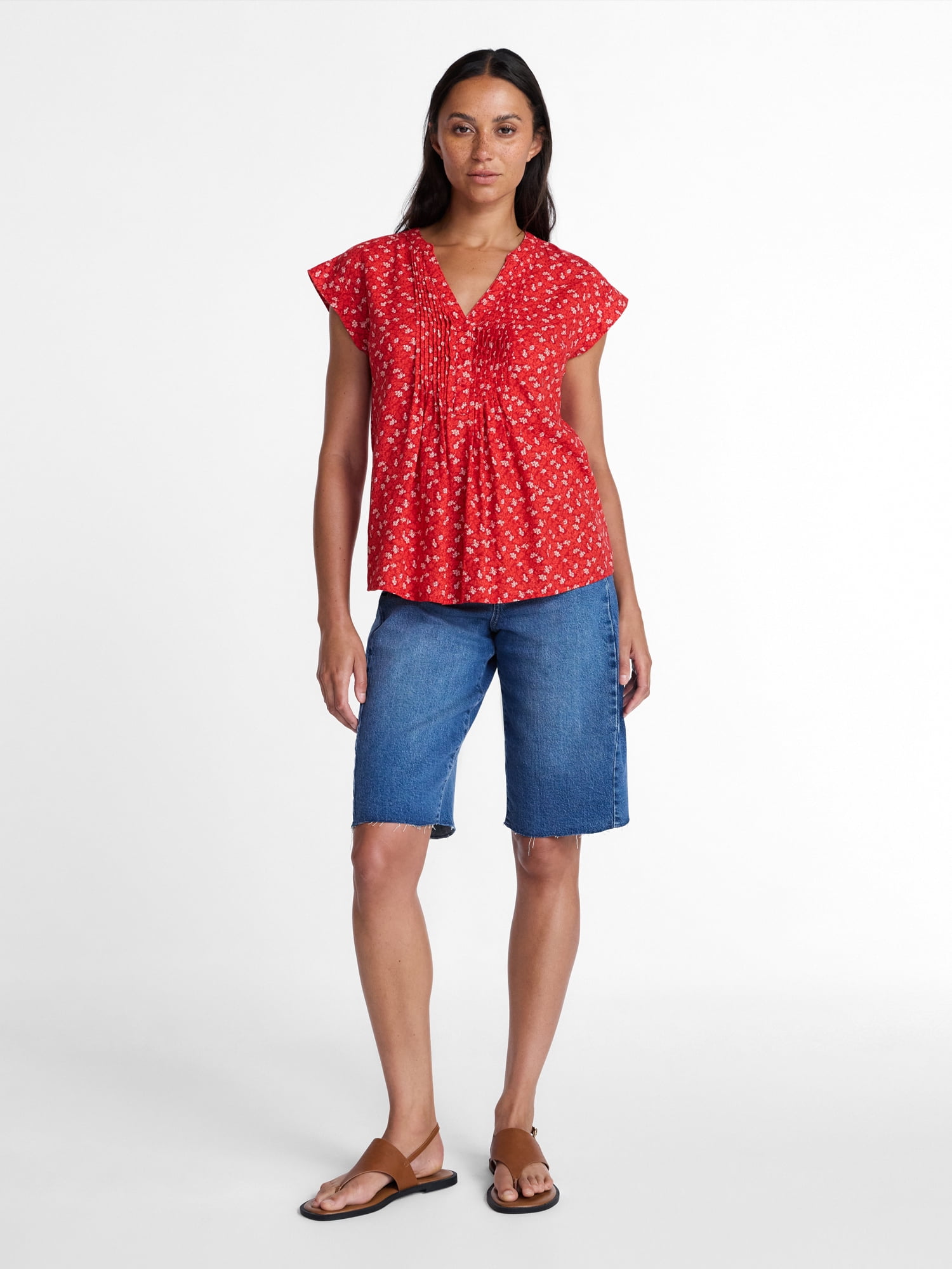 Time and Tru Women's Linen Pintuck Top, Sizes XS-XXXL