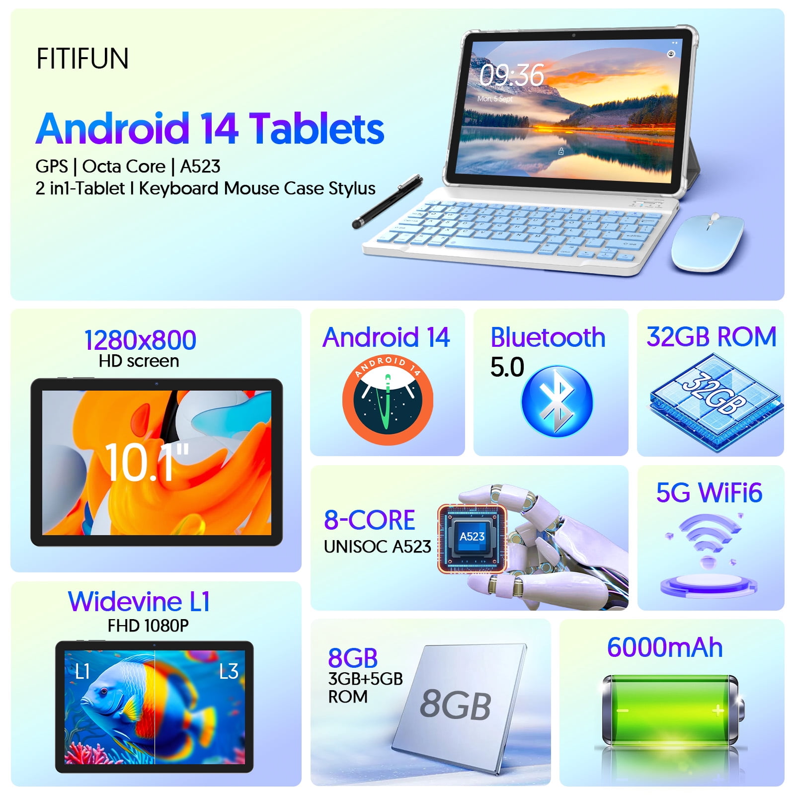 10.1 Inch Tablets Android 14 Tablet with Octa-Core,8GB+32GB+1TB TF Expansion, 6000mAh Battery,5G WiFi6,Dual Camera 2 in 1 Tablets with Keyboard, Mouse,Pen,Case