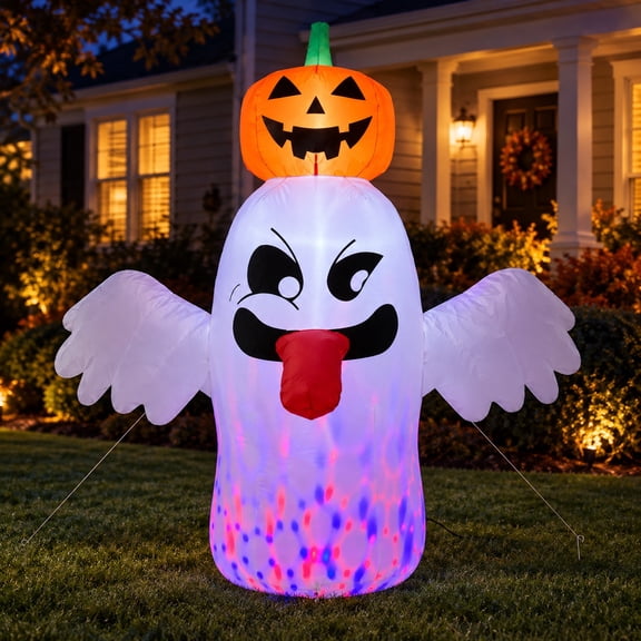 BEEPRINCESS 6 FT Halloween Inflatable Ghost with Pumpkin Head, Light-Up RGB LED Blow Up Yard Decoration