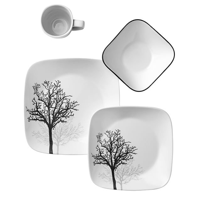 Corelle TIMBER SHADOWS Porcelain 2-pc BUTTER DISH *Black Grey Leafless Branches 